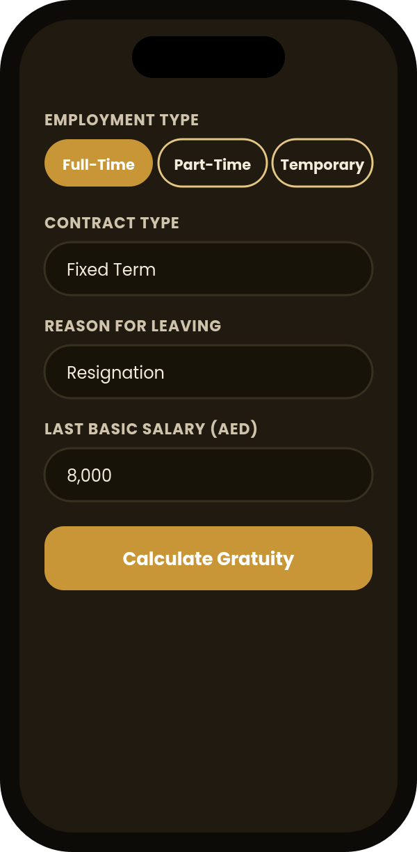 gratuity calculator mobile preview dark UAE gratuity calculator mobile screen in dark mode showing employment type, contract type, reason for leaving, and basic salary fields with a Calculate Gratuity button